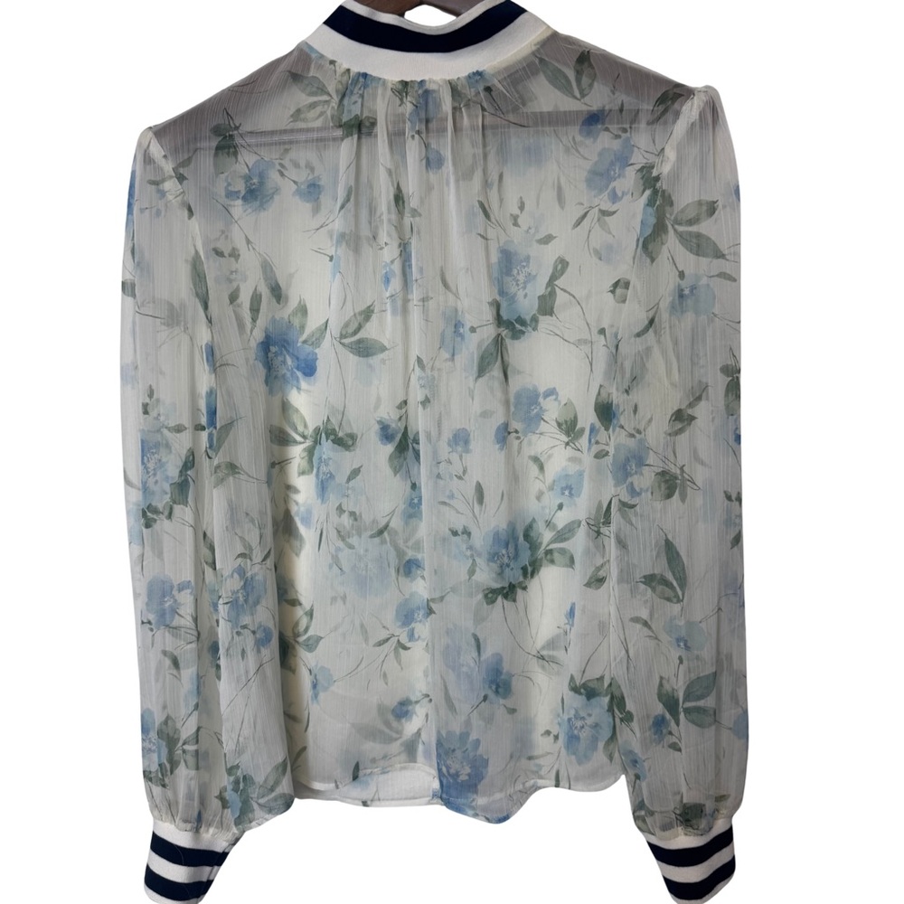French Connection Blue Floral Chiffon Blouse Striped Collar Women’s Large